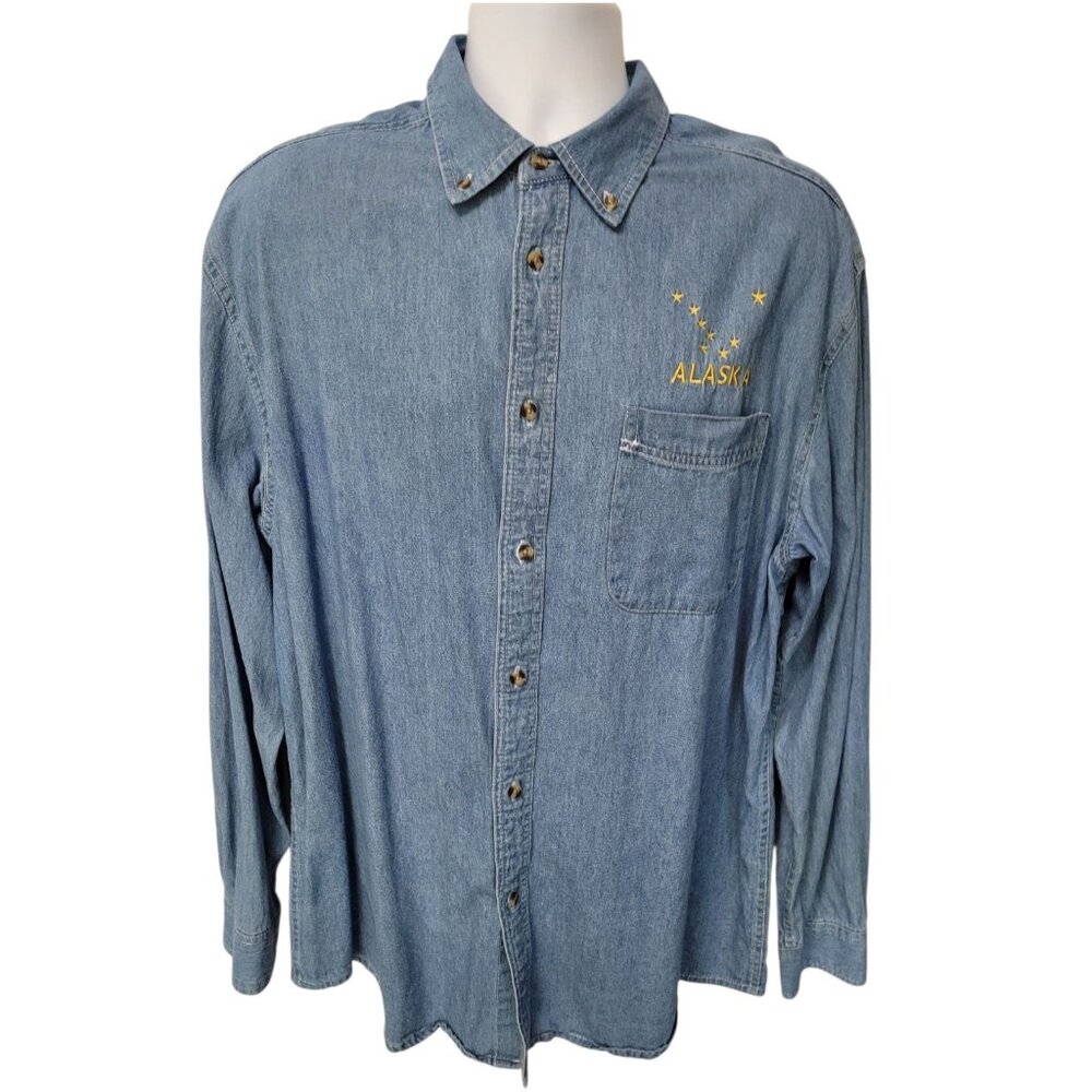 Vtg Foul Weather‎ Gear Cold Storage Denim Long Sleeve Shirt Mens L Blue Alaska